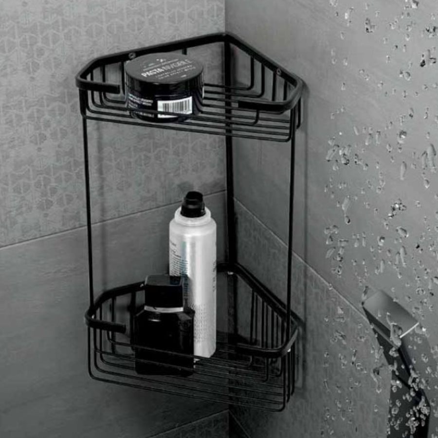 Angoliera per doccia da bagno nera mensola portasapone shampoo